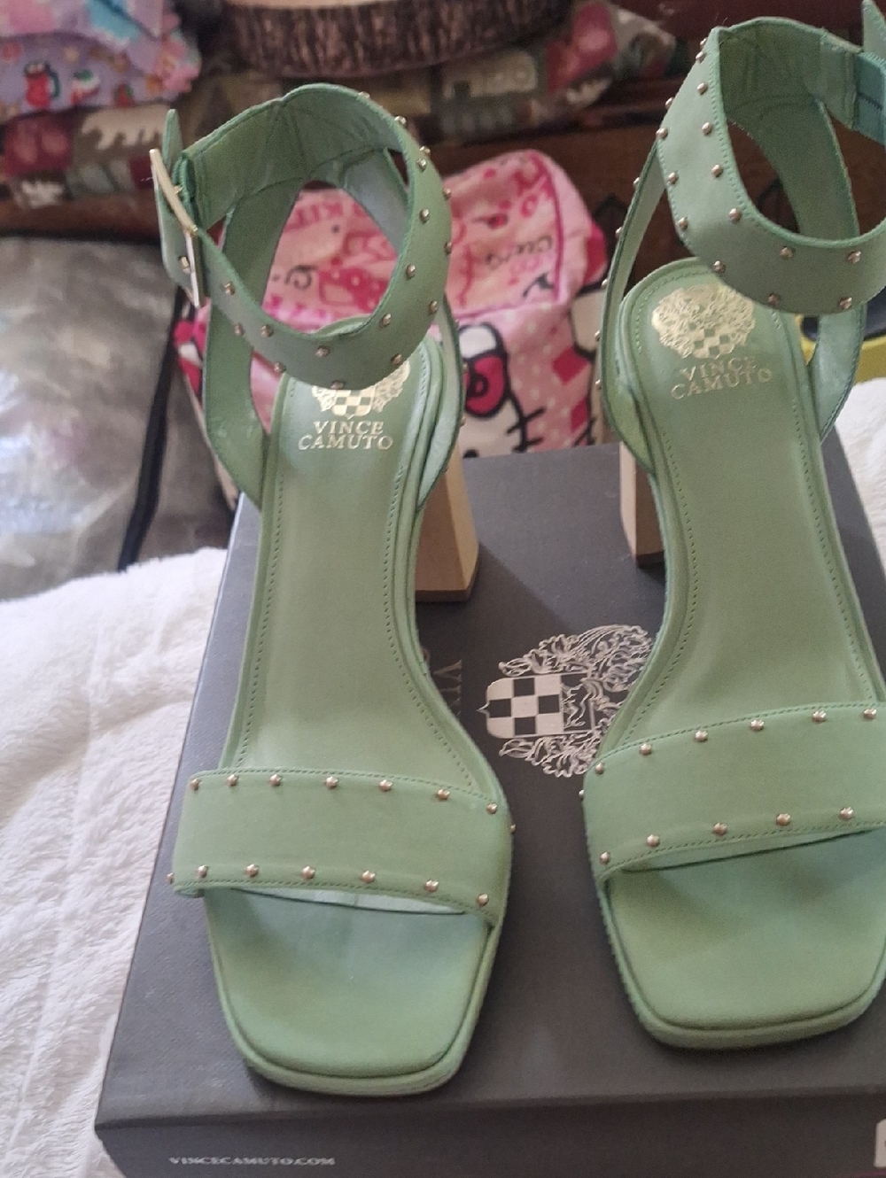 Vince Camuto Mint Green Studded Ankle-Strap Block Heels